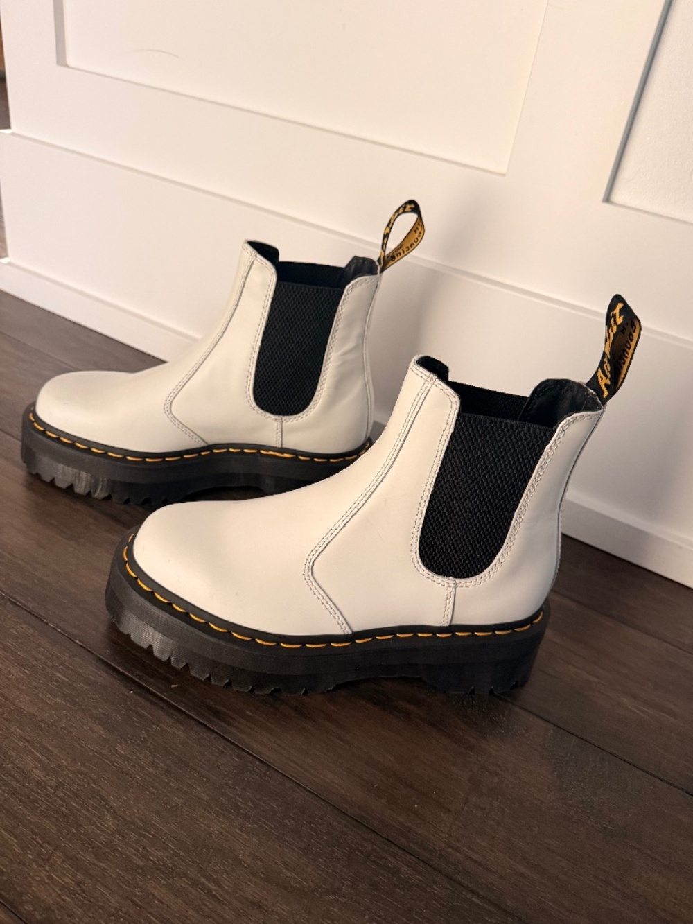 White Chelsea Platform Boots with Black Elastic Panels